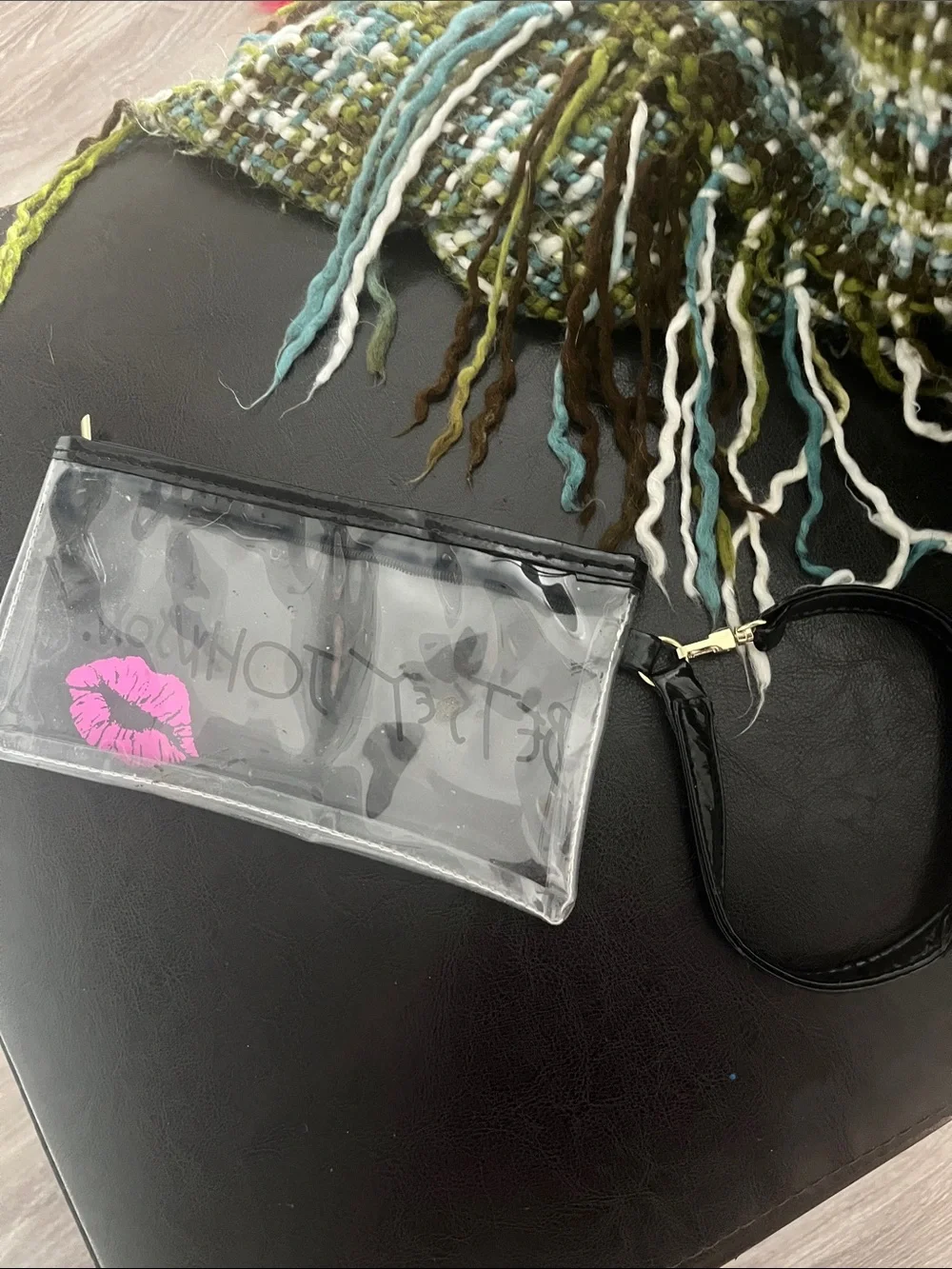 Betsey Johnson Clear PVC Wristlet with Black Strap and Pink Lip